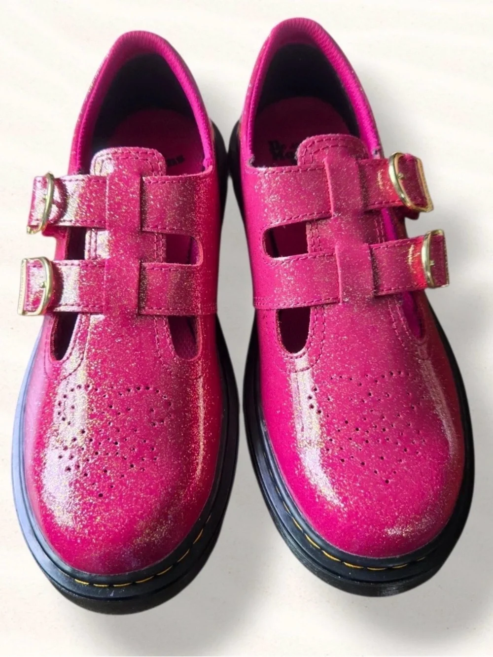 Rare Dr. Martens Pink Glitter Double Buckle Mary Jane Shoes Womens 6 EU 37”